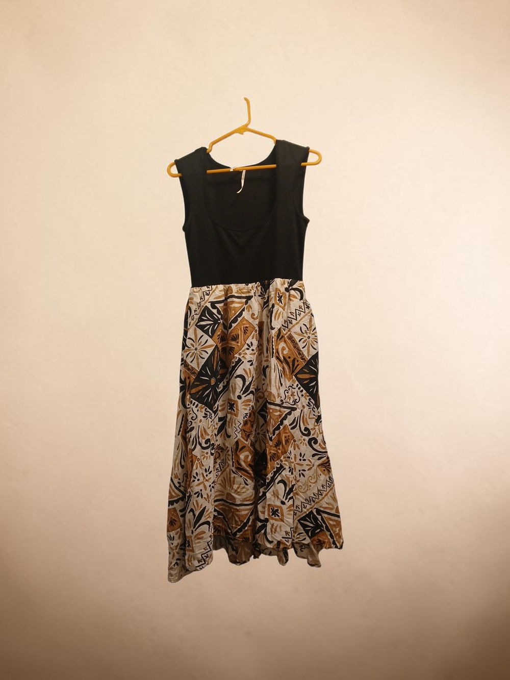 Anthropologie Black Bodice Midi Dress with Brown & Cream Patterned Skirt